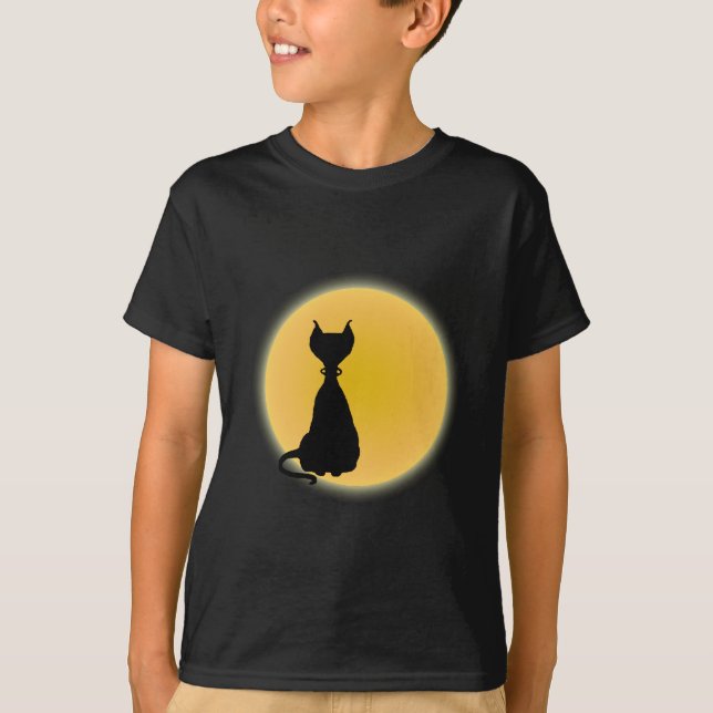 Black Cat & Yellow Moon Halloween Art T-Shirt (Front)