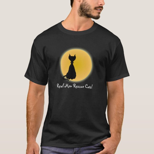 Black Cat & Yellow Moon Halloween Art T-Shirt (Front)