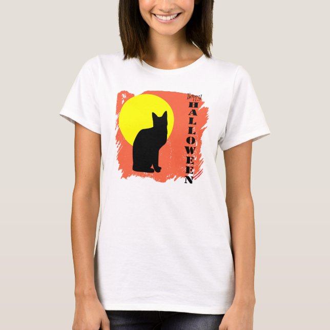 Black Cat Yellow Moon Halloween T-Shirt (Front)