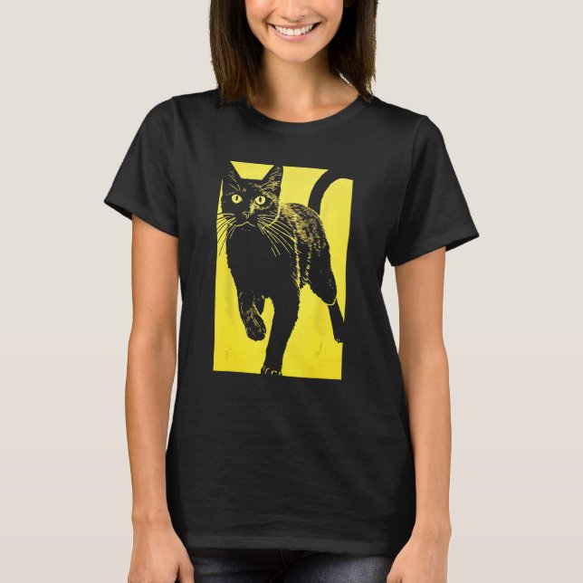 Black Cat Yellow Print T-Shirt (Front)