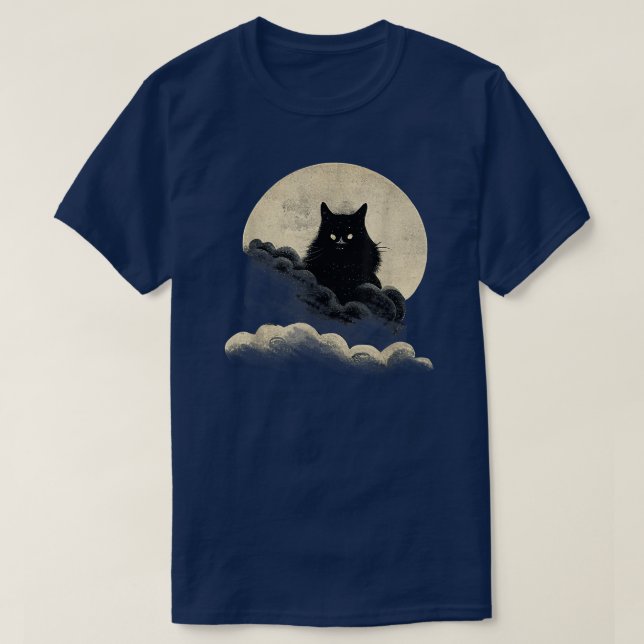 Black CatA Black Night Full Moon Clouds Halloween  T-Shirt (Design Front)
