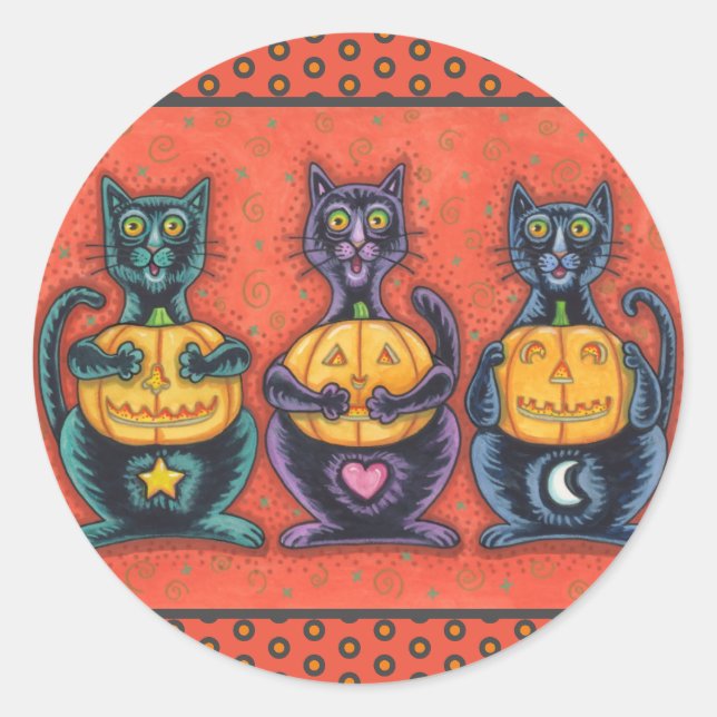 BLACK CATS AND JACKS SEE NO EVIL, FUNNY FELINES CLASSIC ROUND STICKER (Front)