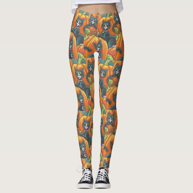 BLACK CATS AND MICE HALLOWEEN LEGGINGS Orange (Front)