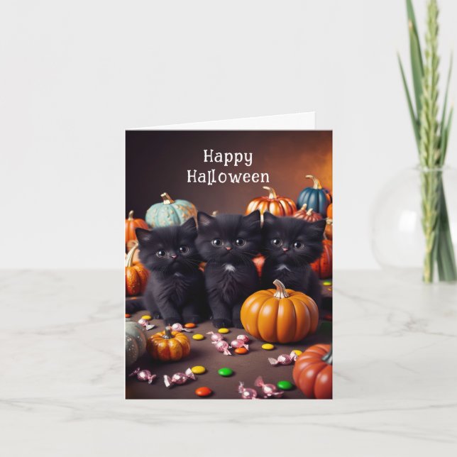Black Cats and Pumpkins Halloween Night Scene Card (Front)