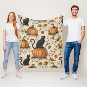 Black Cats and Pumpkins Halloween Pattern Fleece Blanket