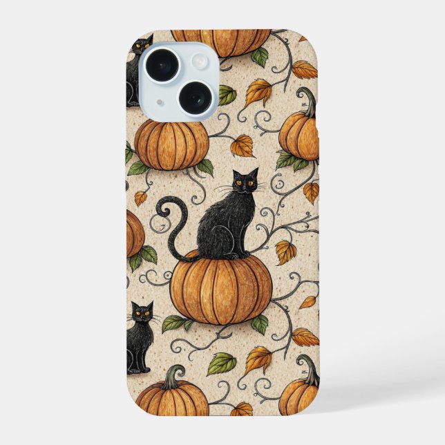 Black Cats and Pumpkins Halloween Pattern iPhone 15 Case (Back)