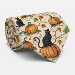 Black Cats and Pumpkins Halloween Pattern Tie