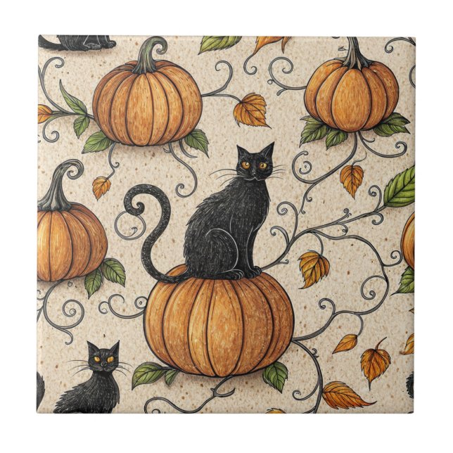 Black Cats and Pumpkins Halloween Pattern Tile (Front)