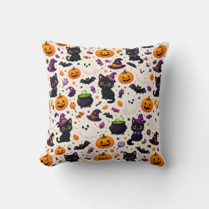 Black Cats And Pumpkins Halloween Pattern Uses 🎃 Cushion