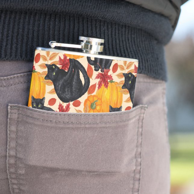 Black cats and pumpkins  hip flask (In Situ)