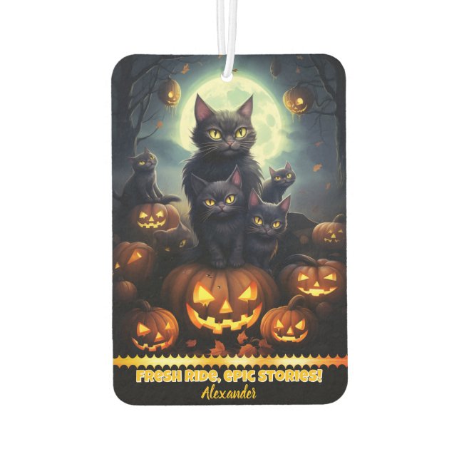 Black cats and pumpkins on Halloween night Car Air Freshener (Back)