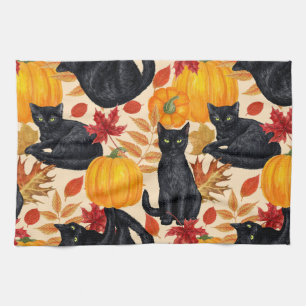 Black cats and pumpkins  tea towel