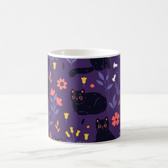 Black Cats and Wildflowers pattern Coffee Mug (Center)