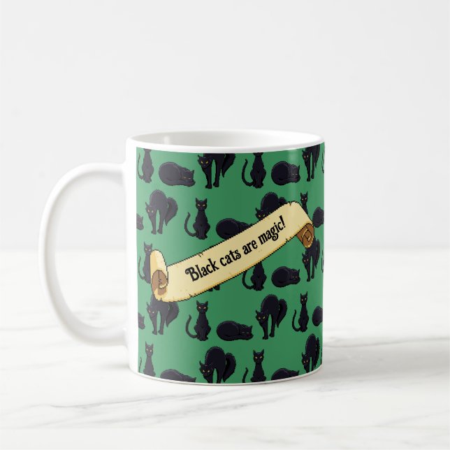 Black Cats Are Magic! Witches Cat Pixel Art Stripe Coffee Mug (Left)