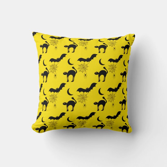 Black Cats Bats and Moons Halloween Pattern Cushion (Front)