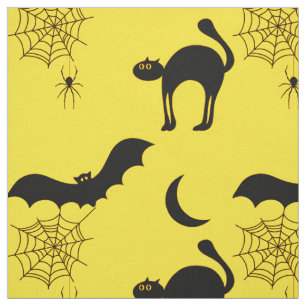 Black Cats Bats and Moons Halloween Pattern Fabric