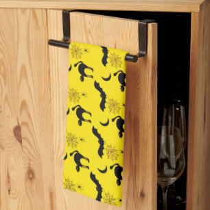 Black Cats Bats and Moons Halloween Pattern Tea Towel