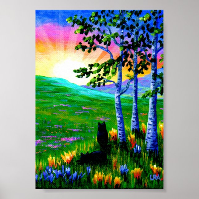 Black Cats Birch Trees Sunset Creationarts Poster (Front)