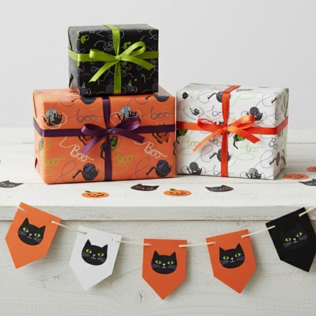 Black Cats Boo-tifully Tangled Halloween Wrapping Paper Sheet (Black Cat Wrapping Paper for Kids October Birthday Party. Black Kitten Tangled in Halloween Yarn)