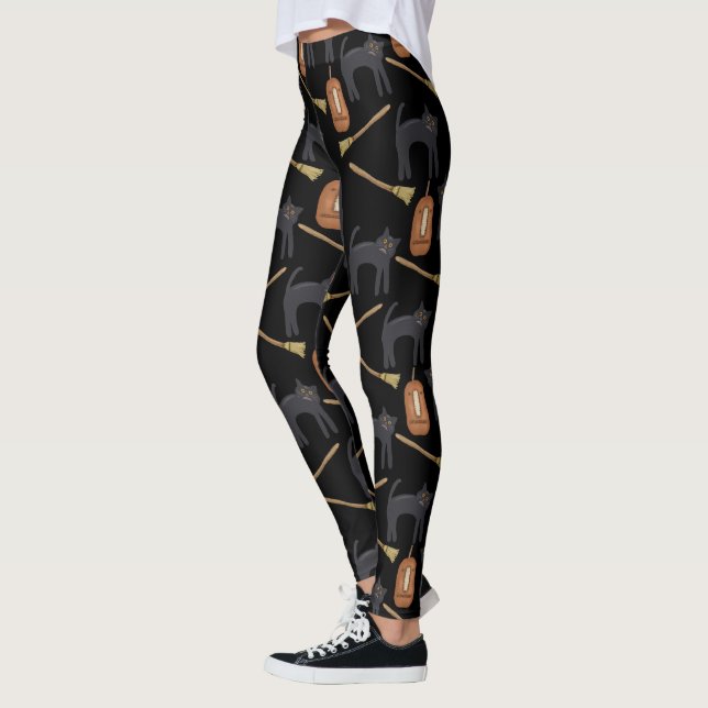 Black Cats, Brooms, Pumpkins | Halloween Leggings (Left)