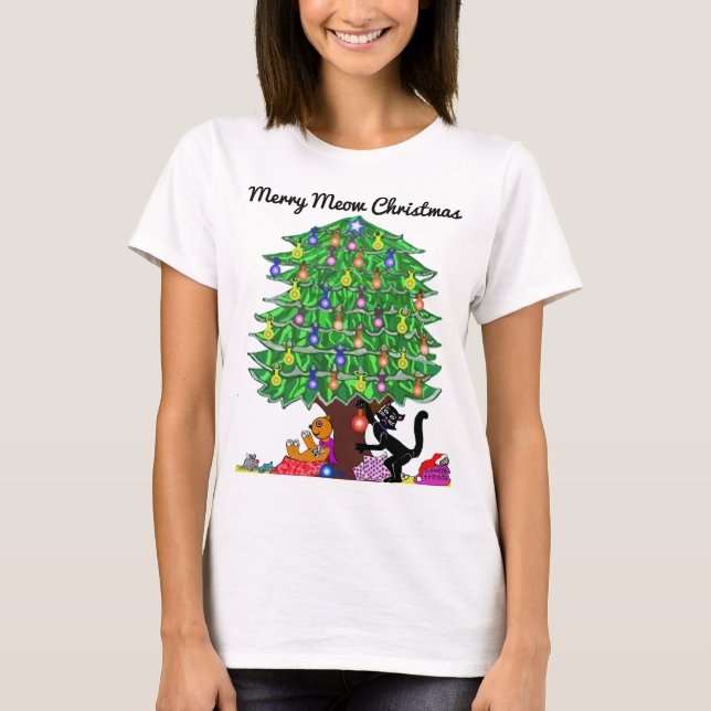 Black  Cat's Christmas Hang the Ornaments T-Shirt (Front)