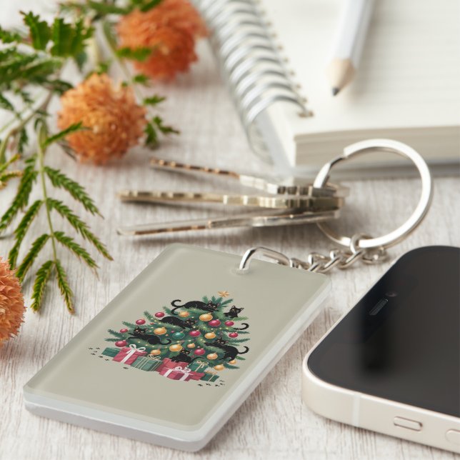 Black Cats Christmas Tree Cat Lover Xmas Lights Key Ring (Front Right)