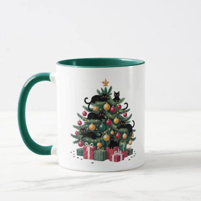 Black Cats Christmas Tree Cat Lover Xmas Lights Mug (Left)