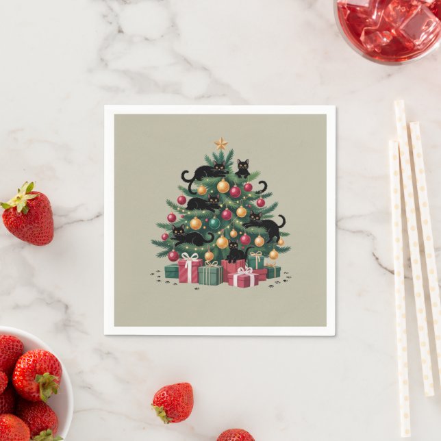 Black Cats Christmas Tree Cat Lover Xmas Lights Napkin (Insitu)
