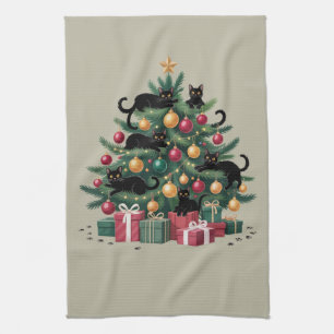 Black Cats Christmas Tree Cat Lover Xmas Lights Tea Towel