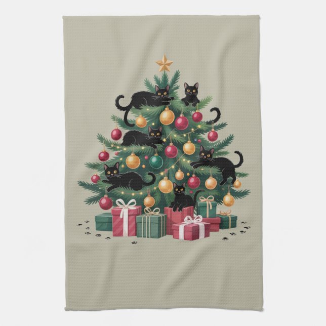 Black Cats Christmas Tree Cat Lover Xmas Lights Tea Towel (Vertical)