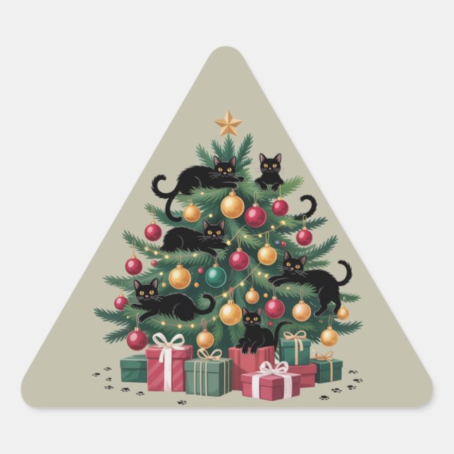 Black Cats Christmas Tree Cat Lover Xmas Lights Triangle Sticker (Front)