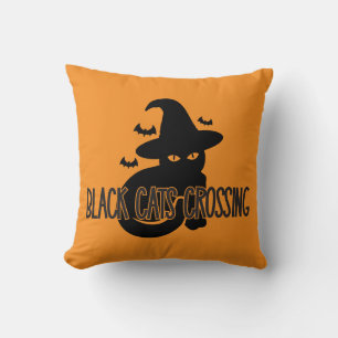 Black Cats Crossing with Cat Halloween Cushion