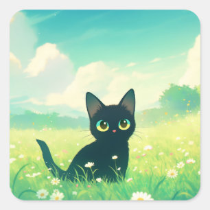 Black Cat's Curiosity in Meadow Square Sticker
