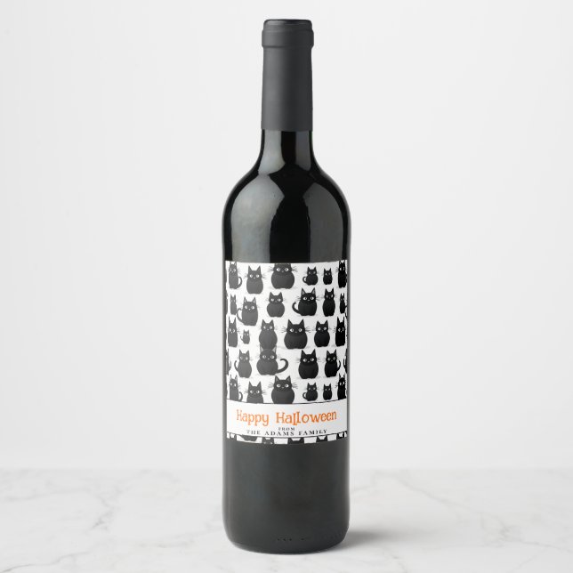 Black Cats Custom Name Happy Halloween Wine Label (Front)