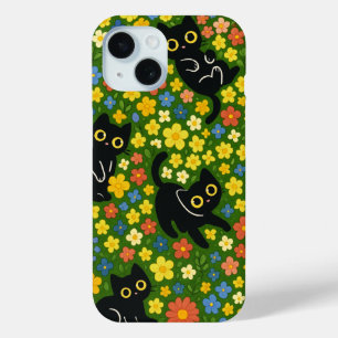 Black Cats Cute Black Cats Floral Meadow Pattern iPhone 15 Case