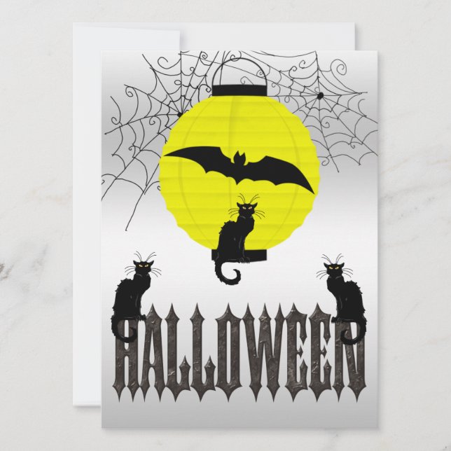 Black Cats, Flying Bat & Spider Webs Invitation (Front)