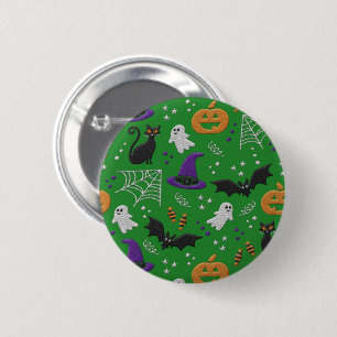 Black Cats Ghosts Bats Green Pattern Halloween 6 Cm Round Badge
