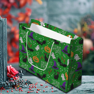 Black Cats Ghosts Bats Green Pattern Halloween Large Gift Bag