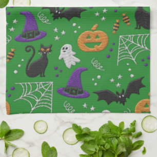 Black Cats Ghosts Bats Green Pattern Halloween Tea Towel
