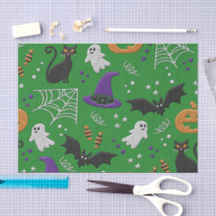 Black Cats Ghosts Bats Green Pattern Halloween Tissue Paper