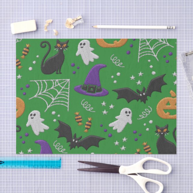 Black Cats Ghosts Bats Green Pattern Halloween Tissue Paper (Craft)