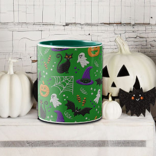 Black Cats Ghosts Bats Green Pattern Halloween Two-Tone Coffee Mug