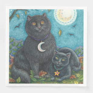 BLACK CATS HALLOWEEN FOLK ART FELINES NAPKIN