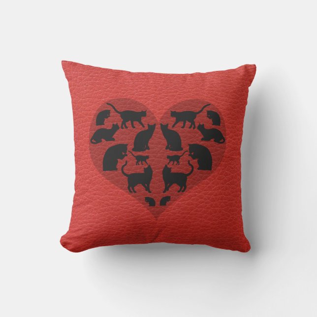 Black Cats Heart Faux Red Leather Cushion (Front)