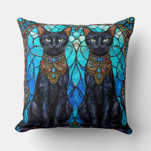 Black Cats in Artistic Stained Glass Design Cushion