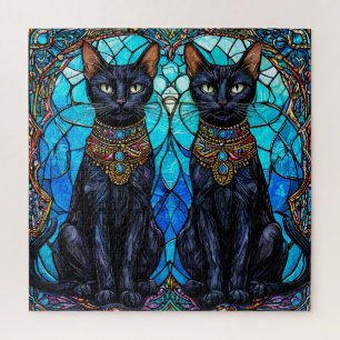 Black Cats in Artistic Stained Glass Design Jigsaw Puzzle