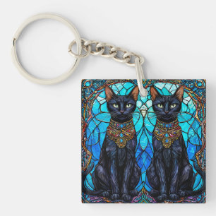 Black Cats in Artistic Stained Glass Design Key Ring