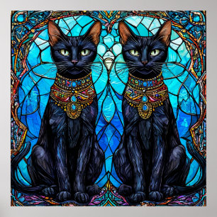 Black Cats in Artistic Stained Glass Design Poster