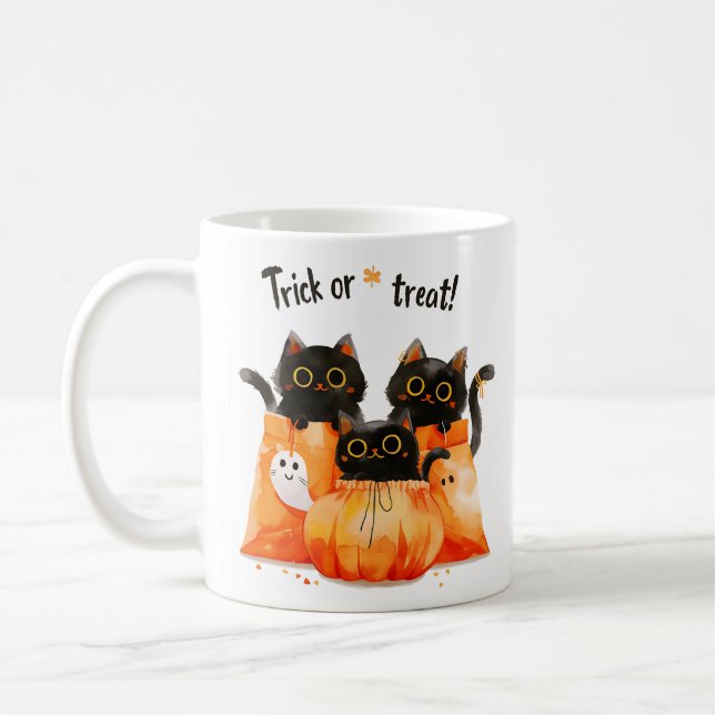 Black Cats in Candy Bag | Trick or Treat Halloween Coffee Mug (Left)