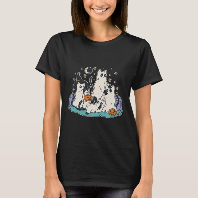 Black Cats in Ghost Costume - Cute Women and Men H T-Shirt (Front)